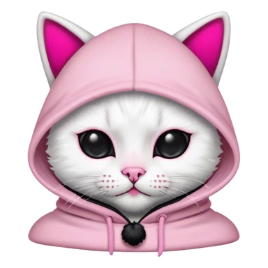 White cat with a black hood with black ear covers with a pink pompom on each ear and a pink skull on the front of the hood sticker