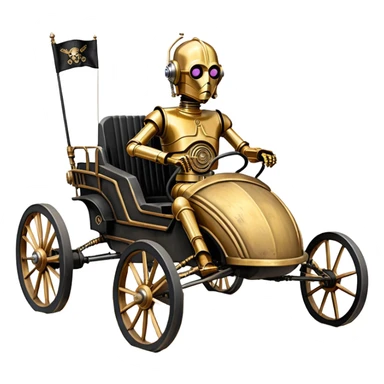 Old American West tarnished C-3PO bounty hunter 1854 delicately ornate rosegold accents painted dune buggy buckboard wagon powered by electric motors and batteries with safety features and belts flying rapidly across rough dusty terrain stable on strong agile futuresteampunk suspension and steering  sticker