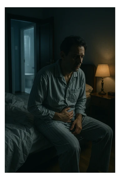 A nighttime scene inside a dimly lit bedroom. A man in his 50s sits stanco sul bordo del letto, con lo sguardo perso nel vuoto, mentre una luce fioca proviene dalla lampada sul comodino. Indossa un pigiama spiegazzato, e si tiene leggermente la zona bassa dell’addome. Dietro di lui, il letto è visibilmente disfatto, segno di sonno interrotto. Una porta socchiusa sullo sfondo mostra la luce accesa in bagno, con il pavimento riflettente che indica i numerosi passaggi notturni. Il tono è cupo ma realistico, con colori freddi, blu e grigi, e un leggero bagliore lunare che filtra dalla finestra. Stile: 35mm film, profondità emotiva, dettaglio ambientale. in italiano sticker