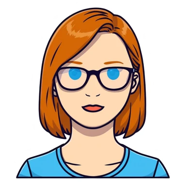 woman with pale skin, ginger straight hair, black glasses, blue eyes sticker