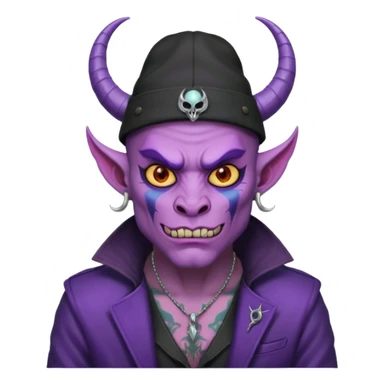purple demon with tattoos, hat, jacket and horns sticker