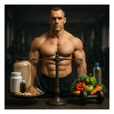 A 35-year-old bodybuilder con equilibrio su uso di sostanze e non. immagine iper realistica, fai una bilancia sticker