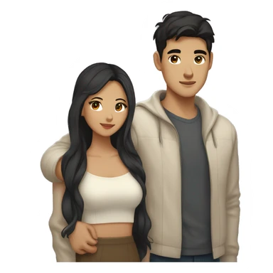 A half pale Asian man with short dark hair and amber eyes embracing and loving a half Asian woman with long wavy dark hair and dark hazel eyes. They love each other a lot And have good fashion taste. sticker