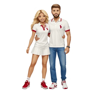 Shakira with blue eyes and her husband  Gerard pique with blue eyes holding her in his armsThey both laugh at each other its romantic&he wears a nice polo from Ralph Laurent in white& a nice baggy jeans with 97 Nike sneaker. She is wearing a romantic feminine short red dress with white open heels  sticker