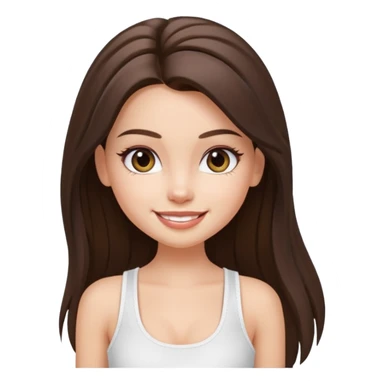 a pretty bratz fair girl with straight brunette long hair, middle partition. wearing a white thin strap trap tank top, smiling, wearing light makeup. very pretty. sticker