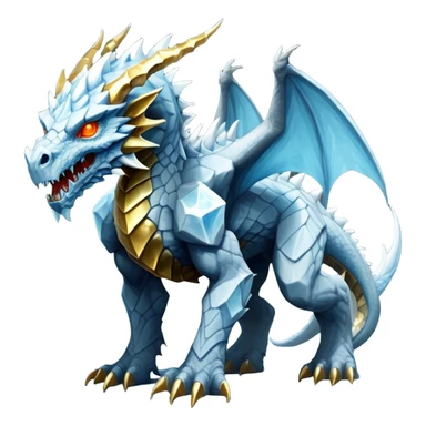 This extraordinary hybrid creature combines the elemental power of an ice dragon with the raw physical might of a stone golem. Its core body resembles a cluster of angular, faceted stones that have been infused with magical ice energy. The creature's head features a draconic shape with curved horns and piercing amber-gold eyes, but parts of its face retain the jagged stone texture. Blue-white energy flows between the rock segments, creating glowing lines throughout its body. The creature has developed partial wings made of crystalline ice formations extending from its rocky frame, and its tail alternates between stone segments and ice spikes. Sharp teeth line its mouth, some appearing as polished stone, others as ice crystals. Frost continuously emanates from its body, and when it moves, it creates a distinctive sound of grinding stone and crackling ice. full body sticker