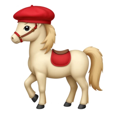 A cute pony (horse) emoji, full body, standing in side view, wearing a stylish red beret. sticker