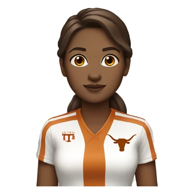 Brown hair, white skin, woman. Wearing University of Texas Longhorn clothes sticker