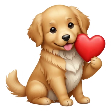A dog holding a heart sticker
