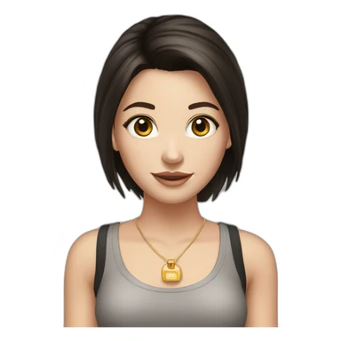 A white girl, with straight dark hair, with dark brown eyes, and she has to be smiling, with a black tank top, a golden hoop earring, holding a camera sticker