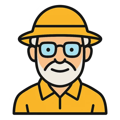 An elderly man with white hair and beard, wearing glasses and a yellow explorer hat sticker