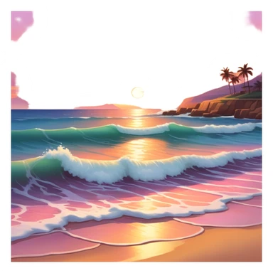 A tranquil seascape with warm-toned waves gently crashing onto the shore, bathed in the golden hues of a sunset. The sky is painted in vibrant oranges and pinks, with a serene, peaceful atmosphere and a distant horizon that adds depth to the beautiful scene. sticker