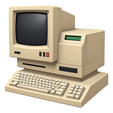 Vintage desktop computer from the 80s, bulky beige monitor with floppy disk drive, separate keyboard, nostalgic tech aesthetic sticker