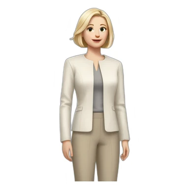 Full height Actively gesturing with hands pale skin woman with ash blonde Straightened bob Hair, White Spacious classical jacket, beige palazzo Arrow pants and gray blouse sticker