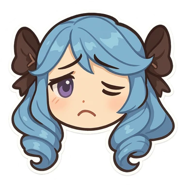 Gwen from League of Legends, chibi style, only head, borderless, right eye purple, both eyes same size, sad emote 3 sticker