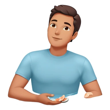 Relaxed floating man surrounded by circling foods: pieces of salmon, dark chocolate, almonds, and spinach leaves. These omega-3 and magnesium-rich foods glow softly as they orbit around him, creating a peaceful, weightless atmosphere. sticker