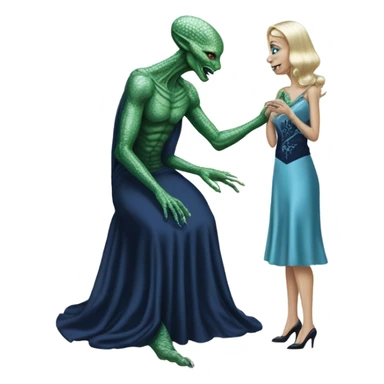 alien reptilian green skin woman, in long slim pastel blue formal party satin dress with gradient shiny sparkling navy blue diamonds embroidered , and caucasian man in black dres on his knees asks her to marry her sticker