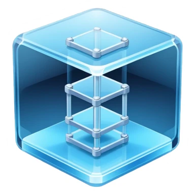 Isometric 3D transparent glass cube with rounded edges, corner bolts, and three floating server layers inside. Holographic panel on top. Cool blue tones on dark navy background.
 sticker