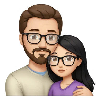 Tall white man brown hair and goatee hugging small woman long black hair square glasses sticker