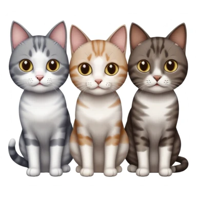 3 different coloured short haired cats including; a dark brown tabby and white cat, and a dark grey and white  sticker