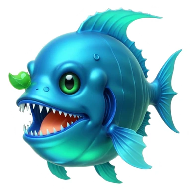 3D render of Anglerfish, bioluminescent deep sea style, glowing neon blue and green lights, dark background to contrast the glow, translucent organic textures, Apple emoji style, 3D render --v 6.0 sticker