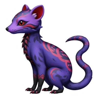 Rare warm-colored exotic gloomy tropical edgy cute epic aesthetic spooky indigo violet purple black red gothic colorful Salandit-Civet-species-Fakemon-hybrid-creature, with tribal tattoo markings, full body sticker