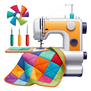 Patchwork and quilting icon, colorful fabric patches sewn together in a quilt pattern, sewing needle and thread, quilting tools like rotary cutter and quilting hoop, minimalistic style, clean lines, transparent background. sticker