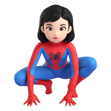girl with black hair crouching in a Spiderman suit, ready to leap sticker