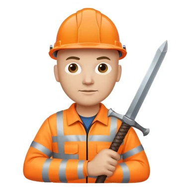 Bald Telecoms engineer in orange hi vis and hard hat with sword and shield sticker