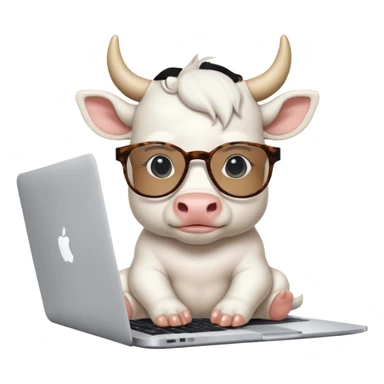 baby white bull in fancy glasses sitting in front of a macbook, working  sticker