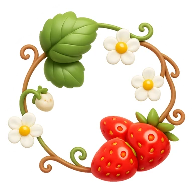 Create a 3D iOS-style illustration of a strawberry wreath featuring green leaves, white strawberry flowers, ripe strawberries, an elegant circular vine, soft lighting, and a glossy effect. The image should have no background. Use the GPT Image style for editing. sticker