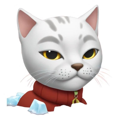 Bald cat eating ice on a red beach in the snowy winter sticker