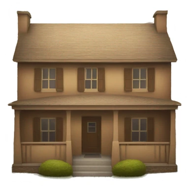 front view of a brown, square, house with a sun painted on the front sticker