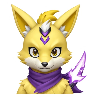 Furry Anthropomorphic Yellow Renamon-Zeraora-Toxtricity-Pokémon-Digimon-Fakémon-fusion with purple lightning-bolt-markings, and facial markings, black bandanna scarf sticker