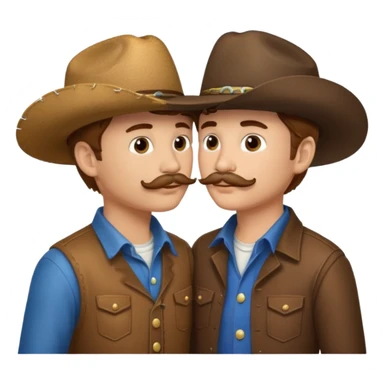 2 boys kissing with cowboy hats. one has light brown hair and the other one has dark brown hair and a mustache sticker