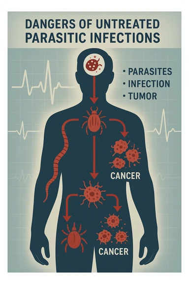a man’s silhouette is filled with stylized images of parasites and tumor cells, connected by red lines or arrows to show cause and effect. The background features a medical chart or infographic about the dangers of untreated parasitic infections. The overall tone is serious and educational. scritto in italiano sticker