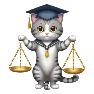 cat wearing a graduation cap, balancing the scales of justice on the tip of its tail sticker