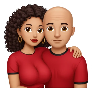 A picture of a sexy tanned couple embracing. the guy is Mexican, with a bald hair cut and he is wearing a red shirt. the girl is mixed, the girl is wearing a black shirt, the girl has curly longer dark brown hair and with big boobs  sticker