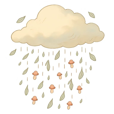 cloud raining tiny leaves and mushrooms, whimsical rain, pastel tones, soft ghibli style sticker