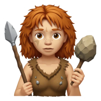 cartoon Neanderthal woman with messy ginger hair and a stone tool sticker