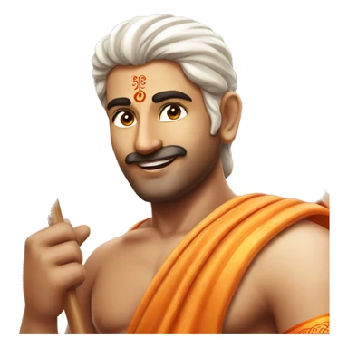 hindu guy with sandalwood paste on forehead, waving a saffron flag with jai shri ram written on the flag sticker