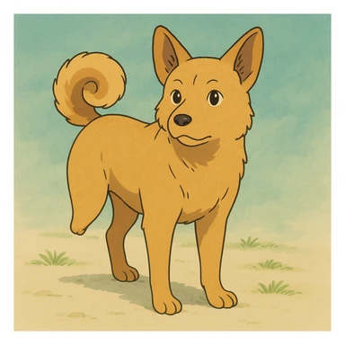 medium-sized sandy colored dog with one back leg missing, tail curled up onto its back, attentive upright ears, ghibli animation style, simple background sticker
