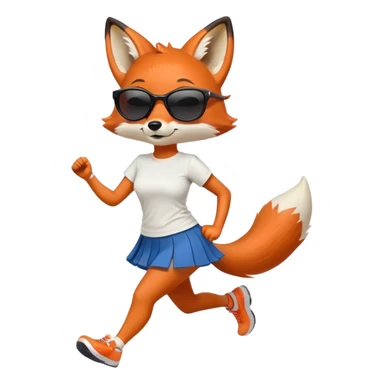 friendly anthropomorphised female fox in skirt and t-shirt, wearing dark sunglasses, jogging upright in standard pose sticker