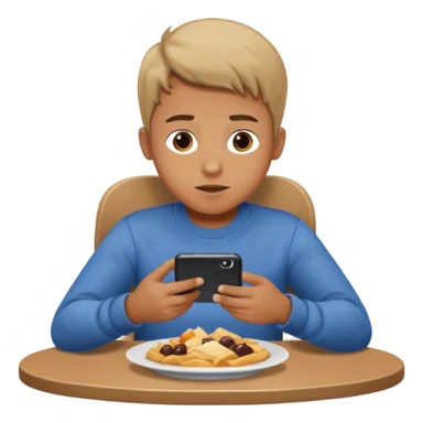 a boy watching videos on his phone while eating, sitting at a table sticker