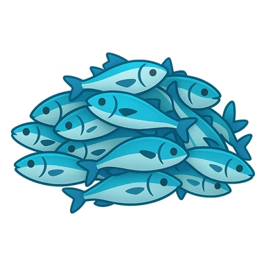 Create a large pile of blue fish in emoji style, variation 1. The image should resemble apple style emojis with concise details and vibrant blue colors, with slight variation in arrangement or shading from the base version. sticker