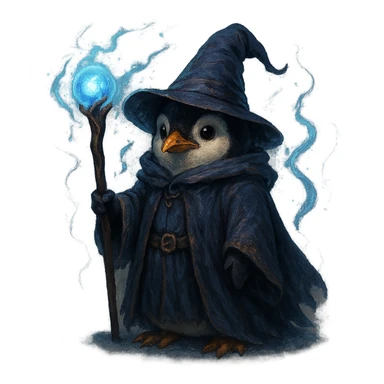penguin wizard with a pointy hat and magic staff, magical aura, fantasy style sticker