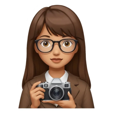 Una chica pelo largo con flequillo color marrón y gafas con estilo de periodista súper top, también agrega una cámara en sus manos sticker