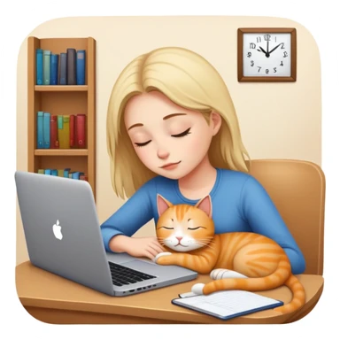 A girl is working hard in front of her laptop, and a cat is sleeping next to it sticker