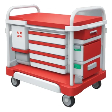 Singular Red medical crash cart is a mobile, multi-drawer unit designed to store and organize emergency medical supplies and equipment and a cardiac defibrillator on top sticker