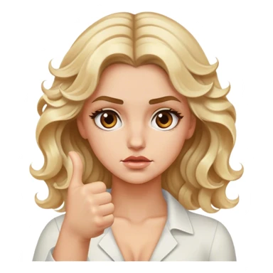 Luxury blonde model, brown eyes, wavy hair, thumbs down sticker